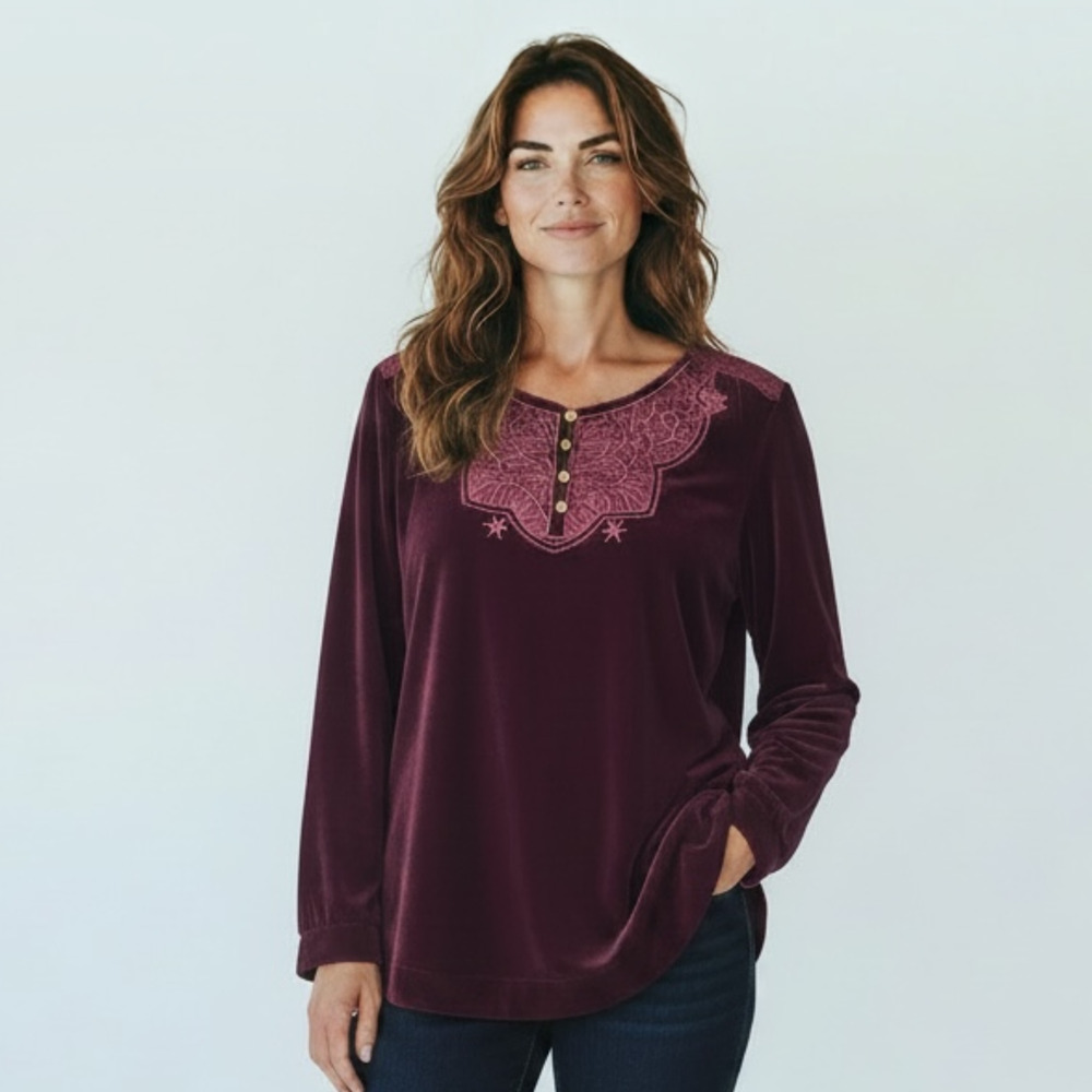 Soft Surroundings Velvet Top Small Embroidered Lace Boho Chic Romantic Feminine